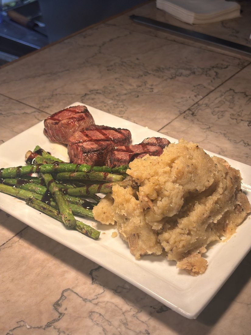 Grilled NY steak with asparagus and garlic mashed potatoes